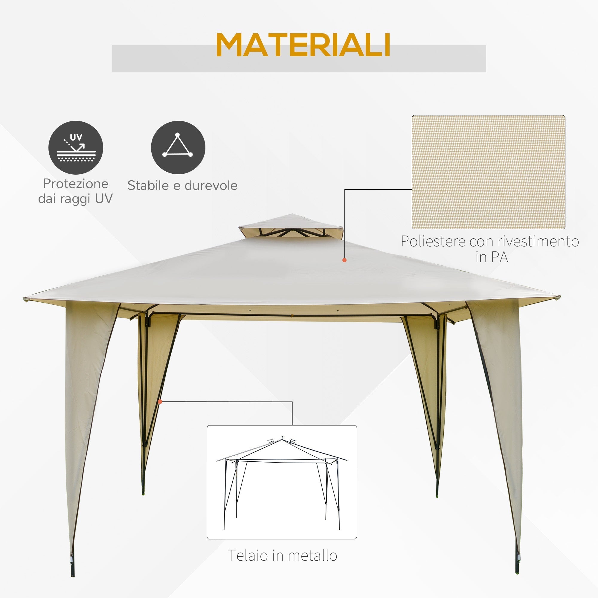Beige Metal and Polyester Garden Gazebo with Double Roof 3.5x3.5m - Borge' Group Limited