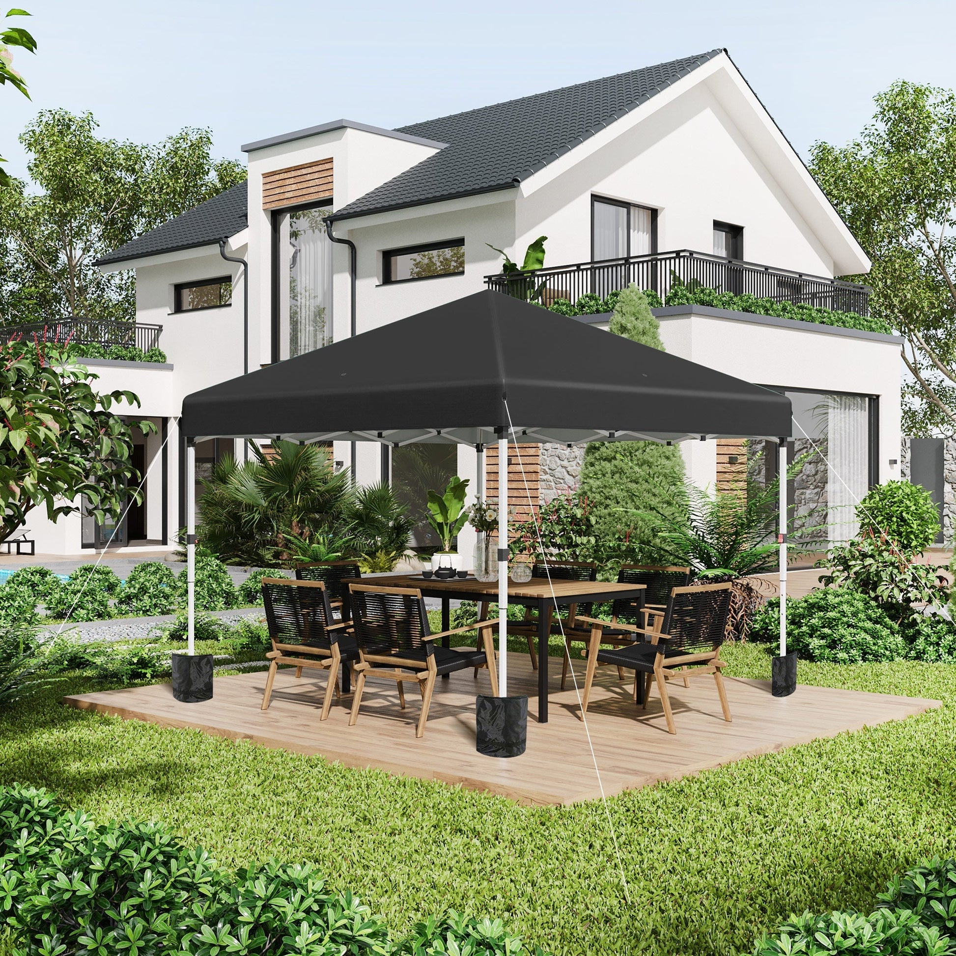 Height-Adjustable Pop Up Foldable Garden Gazebo with 2 Walls and Bag Included, 297x297x274 cm, Black - Borgè