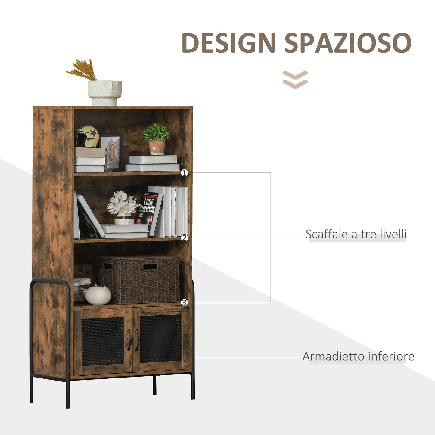 Mobile Library Industrial Design with shelves and cabinet in wood and metal, brown and black, 81x40x160cm - Borgè