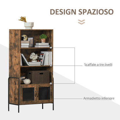 Mobile Library Industrial Design with shelves and cabinet in wood and metal, brown and black, 81x40x160cm - Borgè