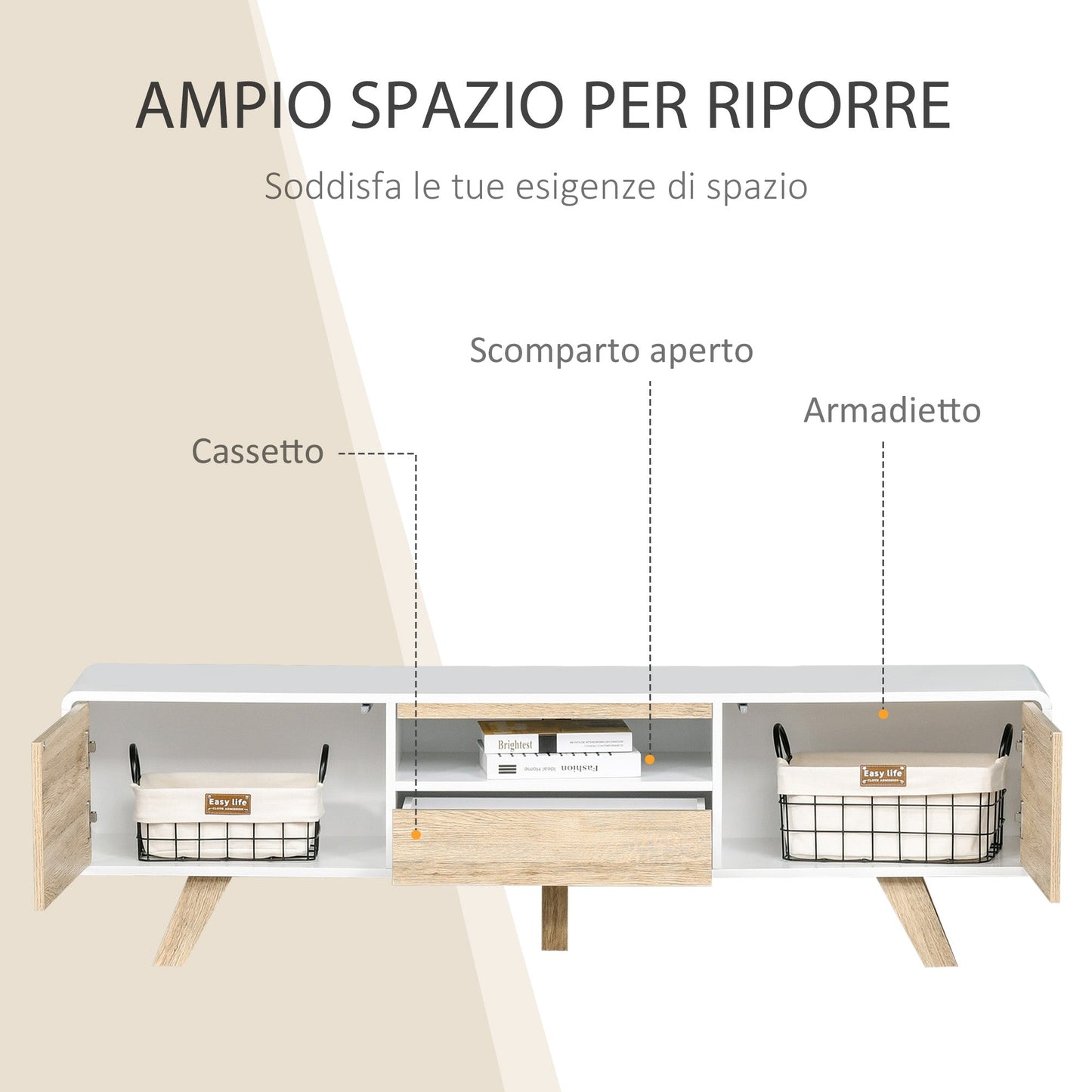 Mobile TV holder with doors and drawer for TV up to 60 '' in white MDF and wood 160x40x45cm - Borgè