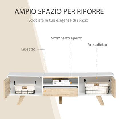 Mobile TV holder with doors and drawer for TV up to 60 '' in white MDF and wood 160x40x45cm - Borgè