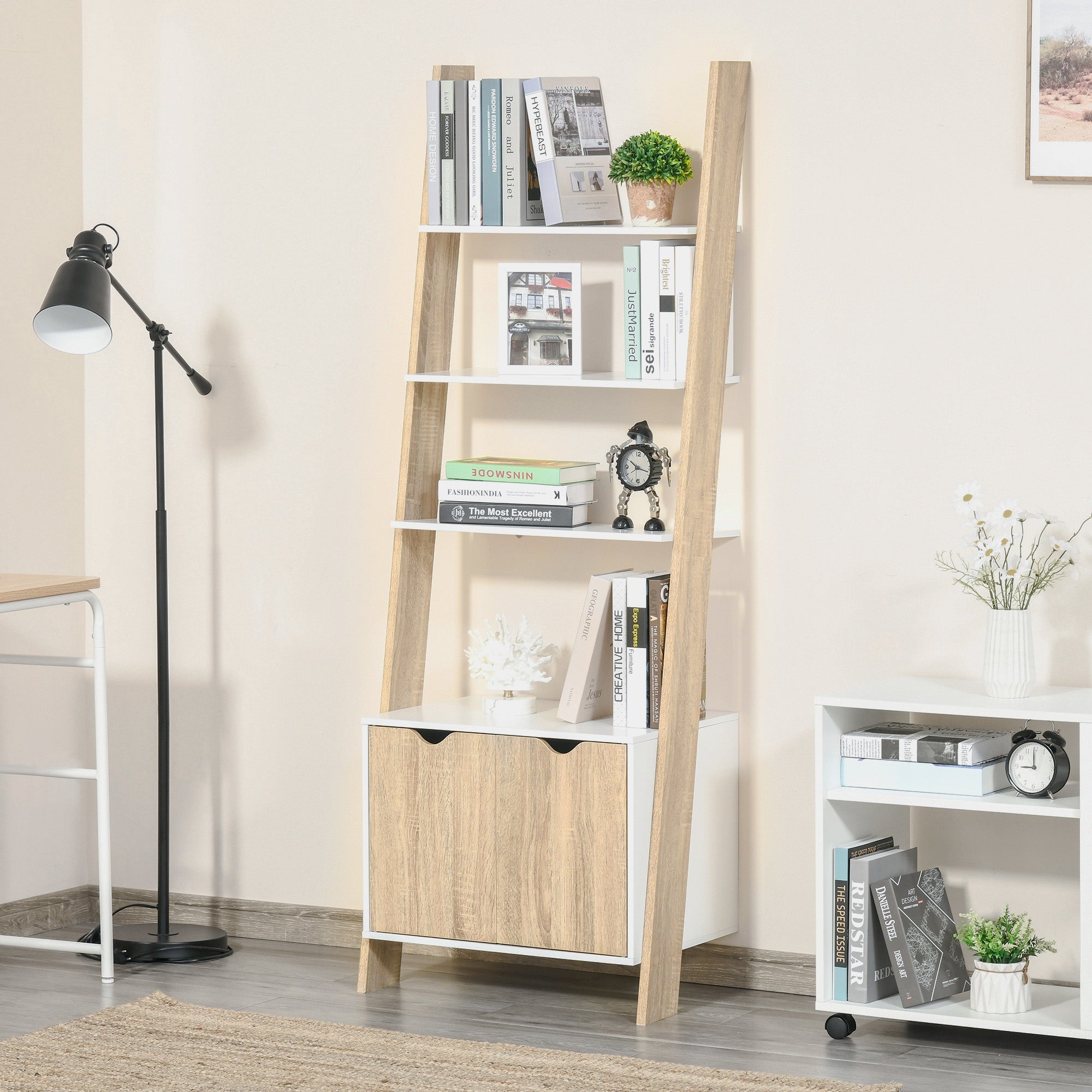 Mobile Library in Scala with 3 shelves and locker, modern Nordic wooden style shelf, 60x40x171cm, oak and white - Borgè