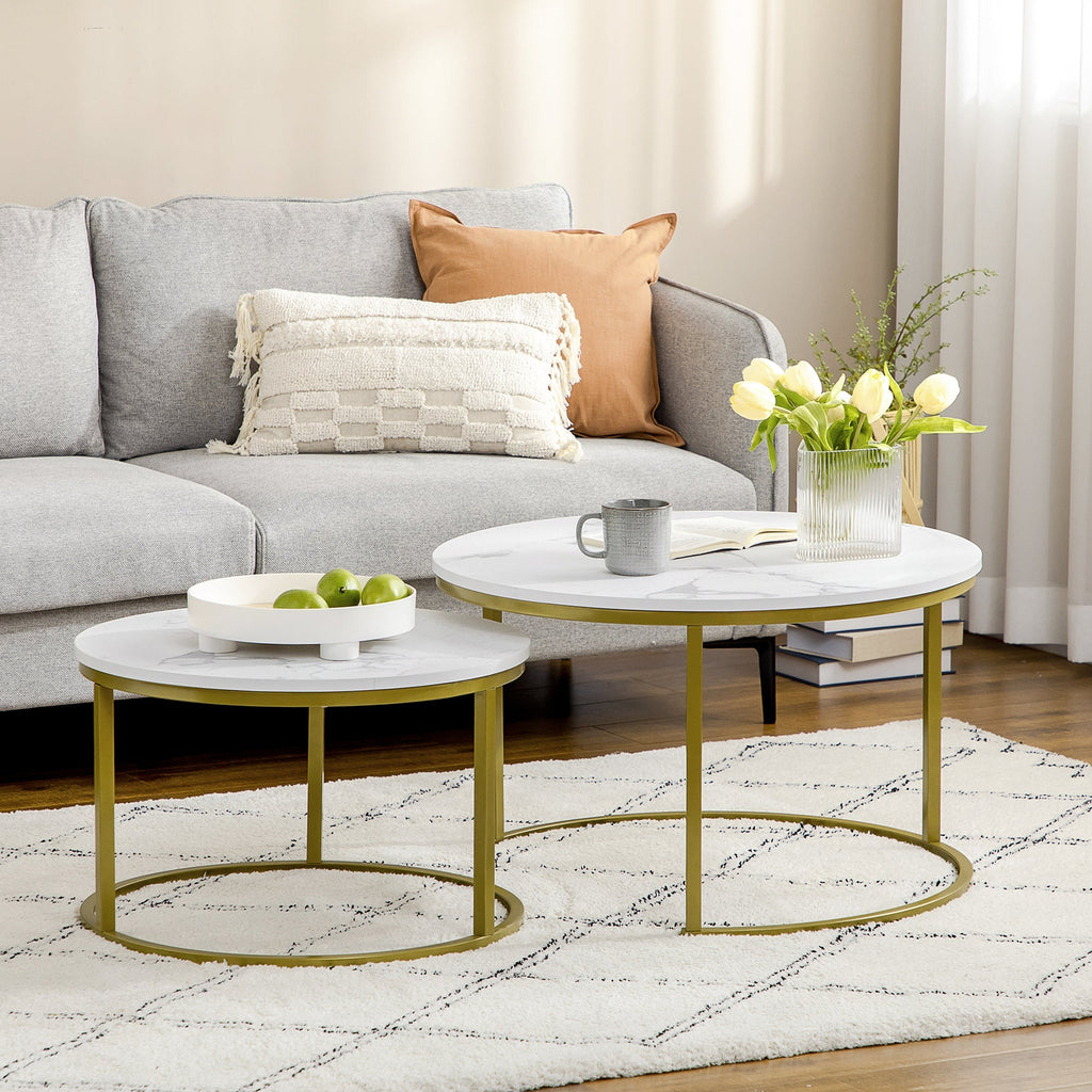 THE STAR | White and Gold Set 2 Round Coffee Tables | Ø74x46.3 cm and Ø59x38.5 cm - Borgè