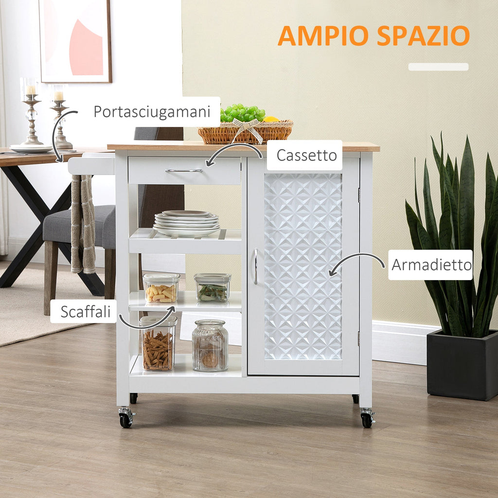 kitchen trolley with 1 drawer, 1 locker and 1 shelf at 3 levels, 92x40x84cm, white - Borgè