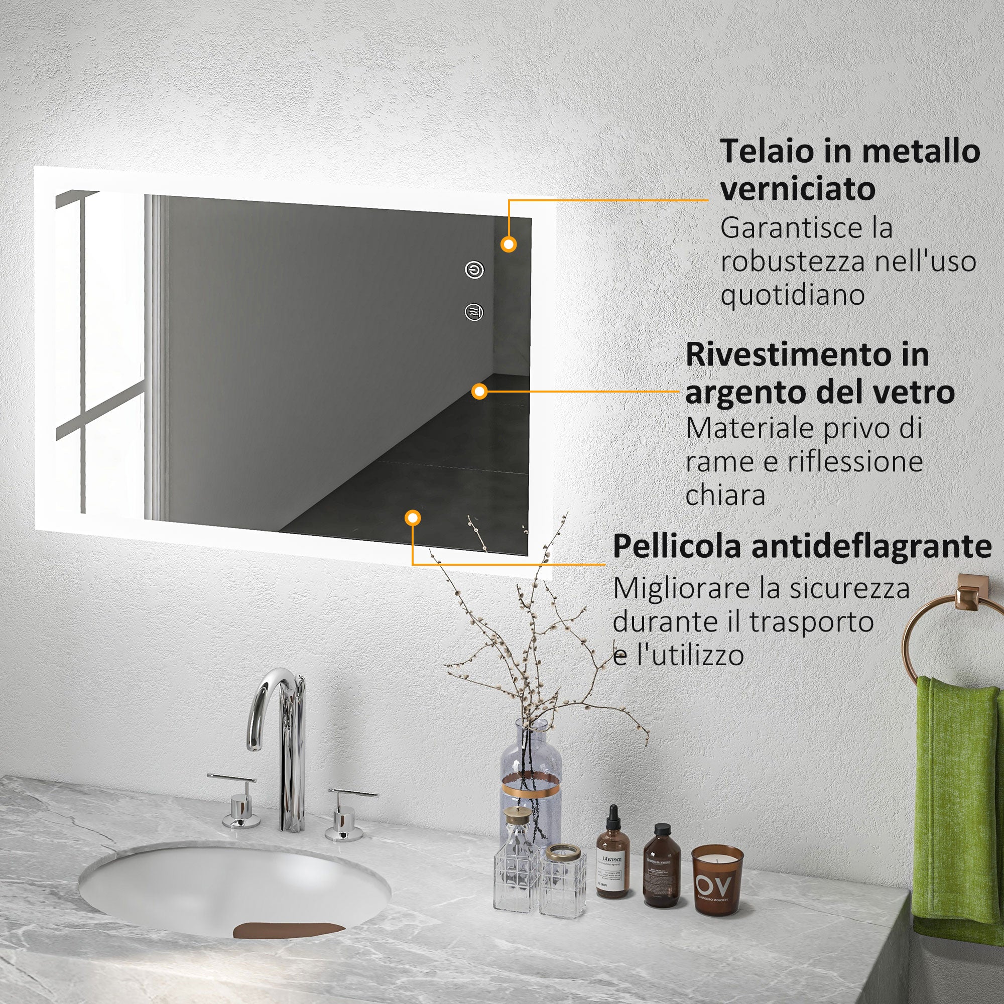 Kleankin Bathroom Mirror Led anti -expulsion with 3 colors and adjustable brightness, in metal and glass, 80x60x3 cm - Borgè