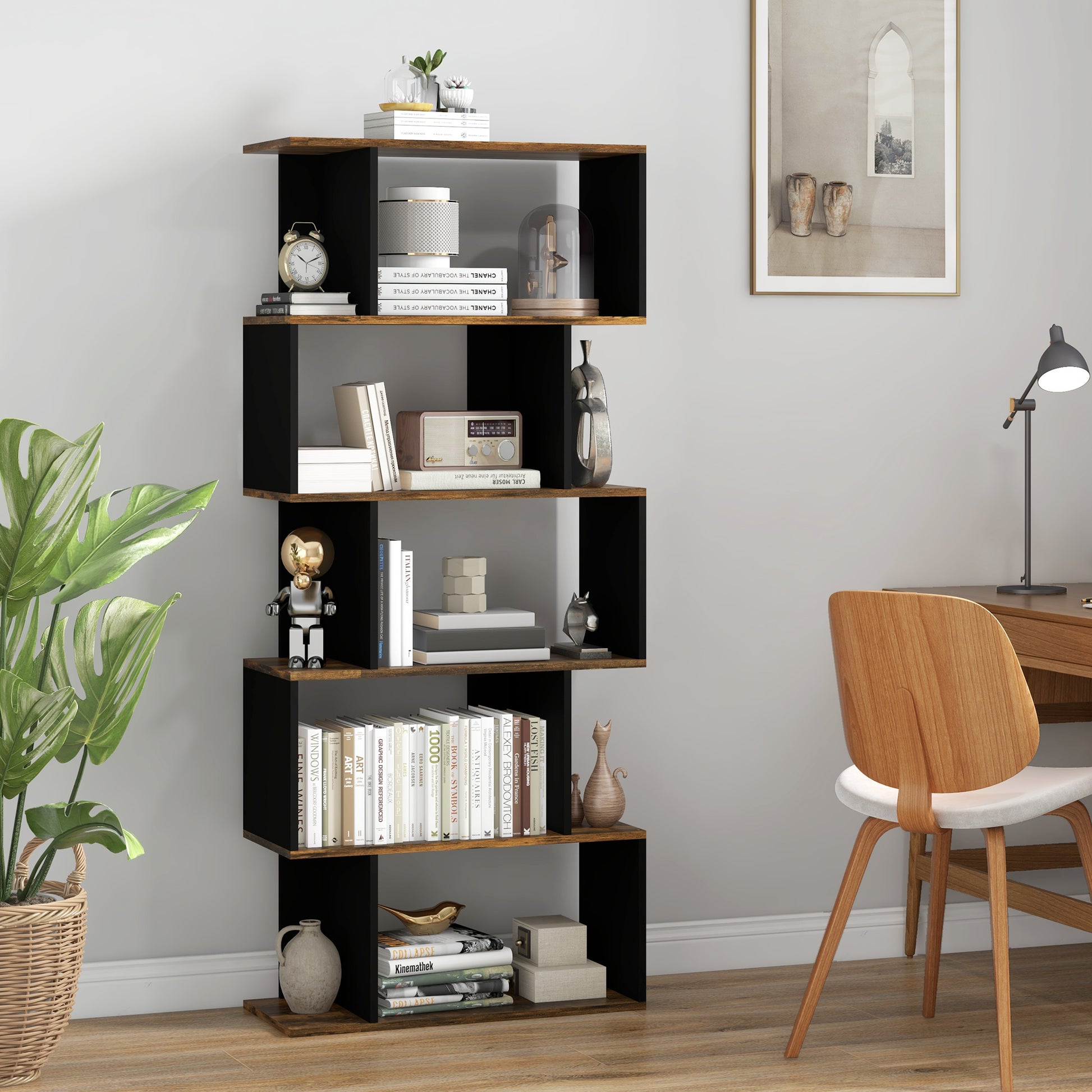 Homonda Modern Asymmetrical Wall Library with 5 Wooden shelves, 70x29.5x163cm, Rustic brown - Borgè