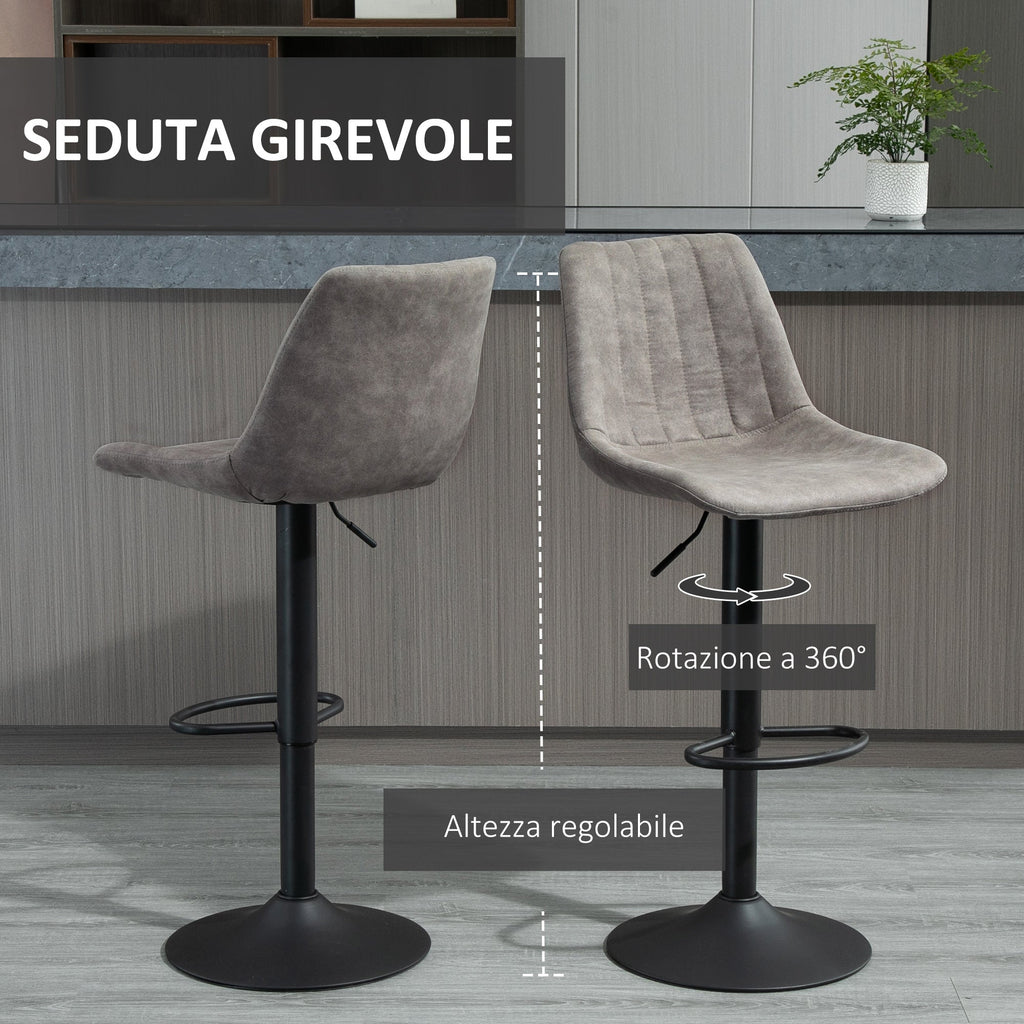 Set 2 bar stools with backrest, footrests and adjustable industrial style height, Grey - Borgè