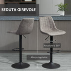 Set 2 bar stools with backrest, footrests and adjustable industrial style height, Grey - Borgè