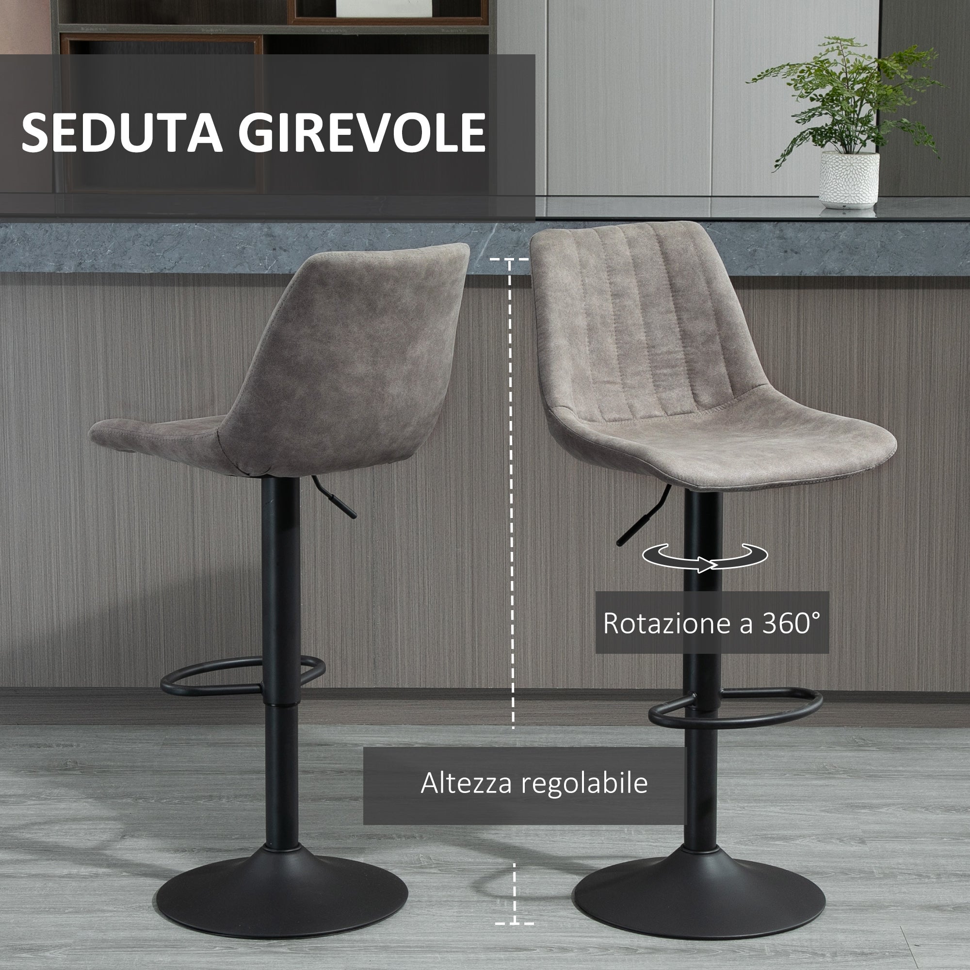 Set 2 bar stools with backrest, footrests and adjustable industrial style height, Grey - Borgè
