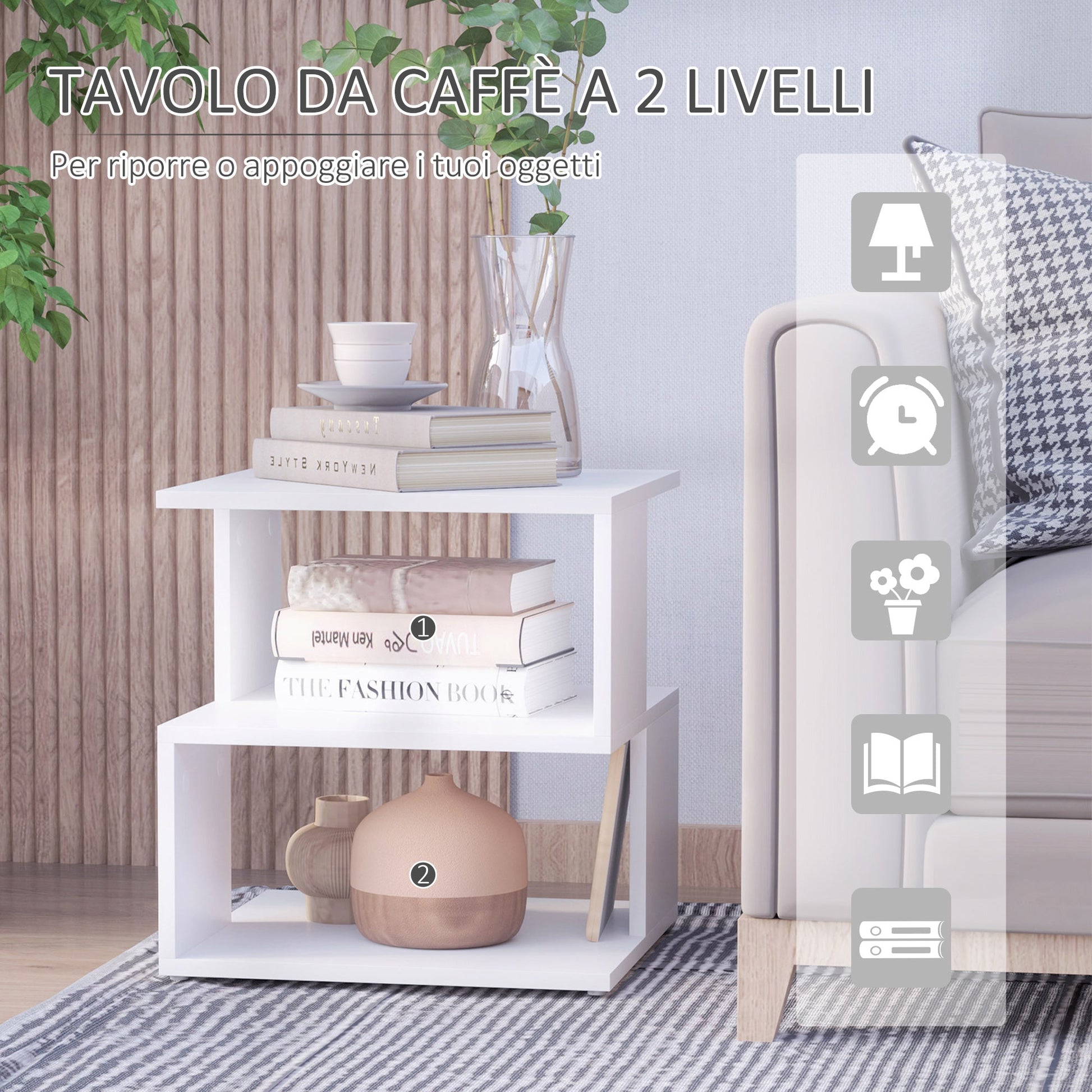 Tavolino Living Room Modern Design 2 Shelves Modern Design, White Wood, 40x40x43cm - Borgè