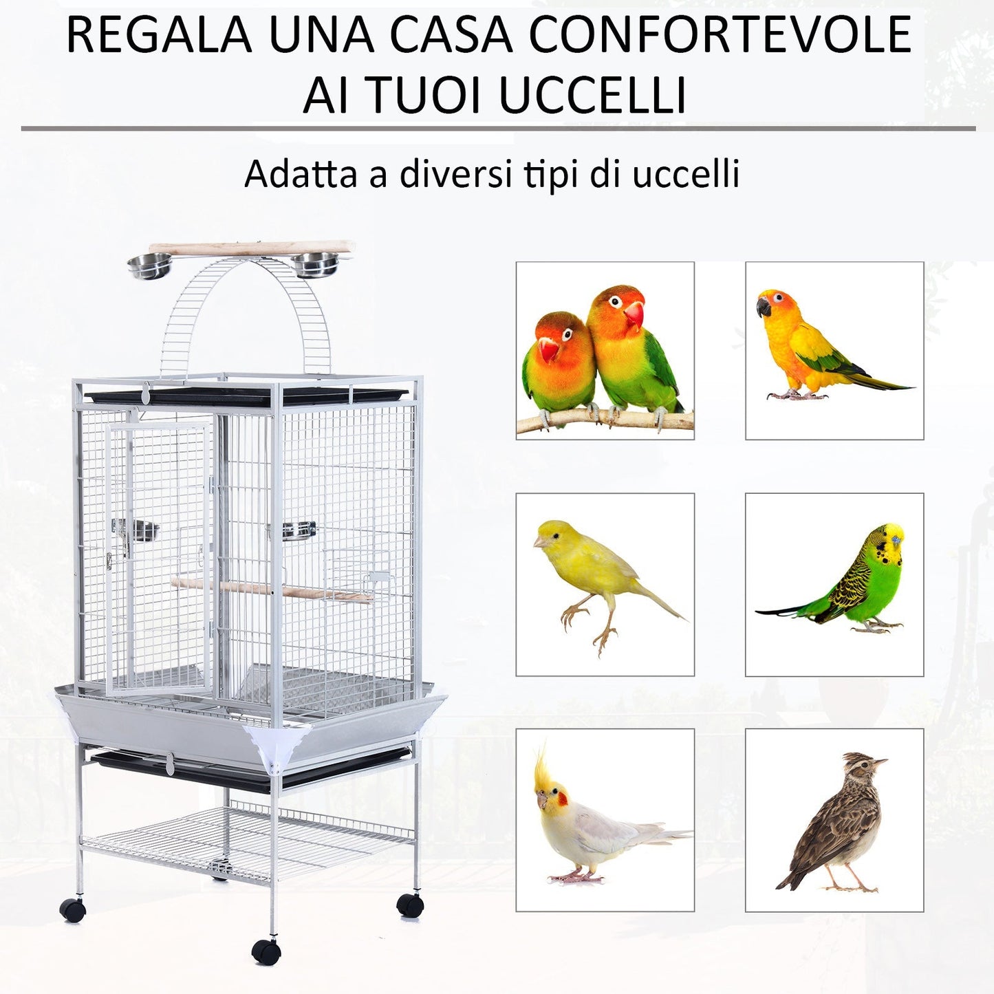 Bird Cage with Wheels Height 161.5cm, Steel Trays and Wooden Perches, Silver - Borgè