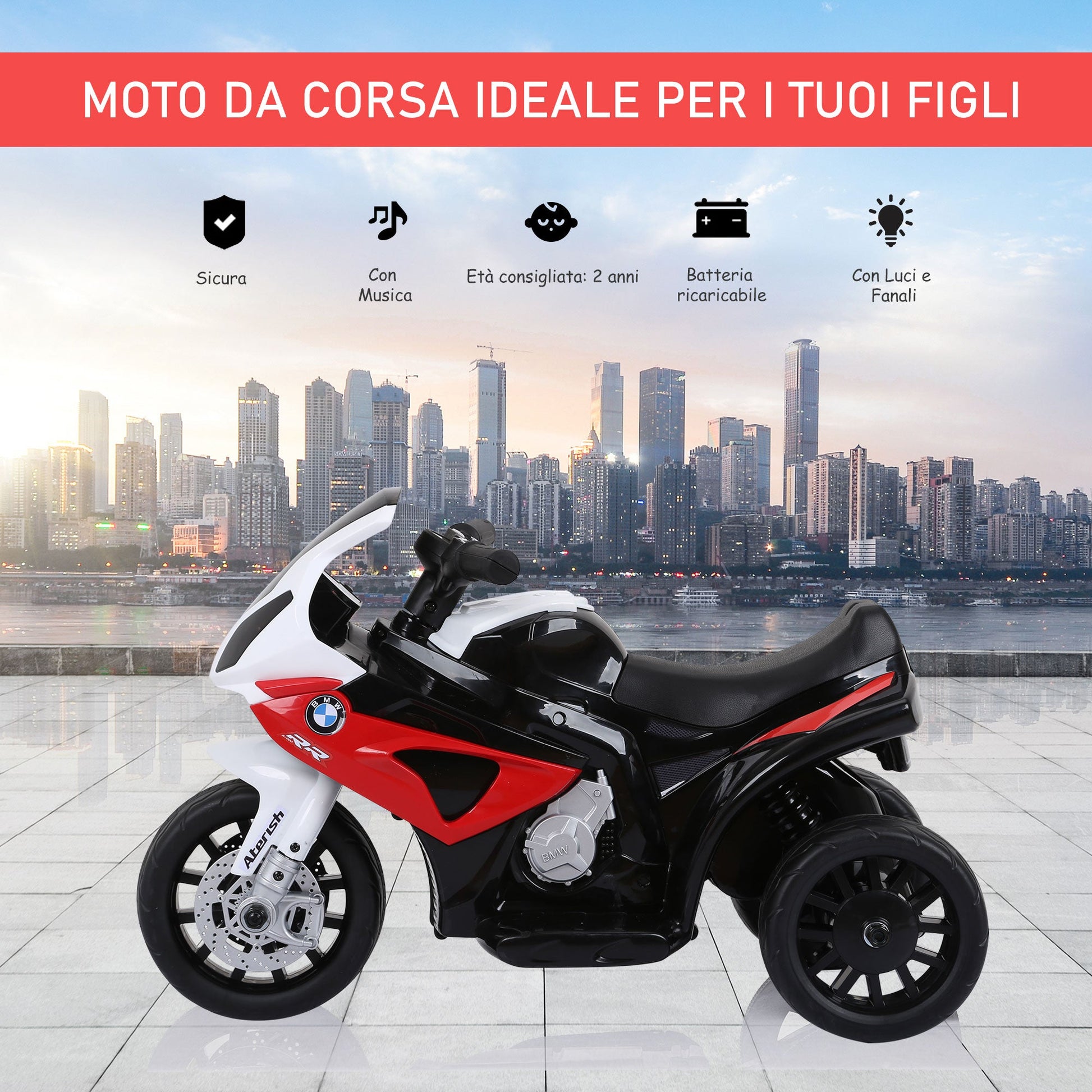 electric motorcycle for children max. 20kg with bmw license, 3 wheels, 6V rechargeable battery, red white, 66x37x44cm - Borgè