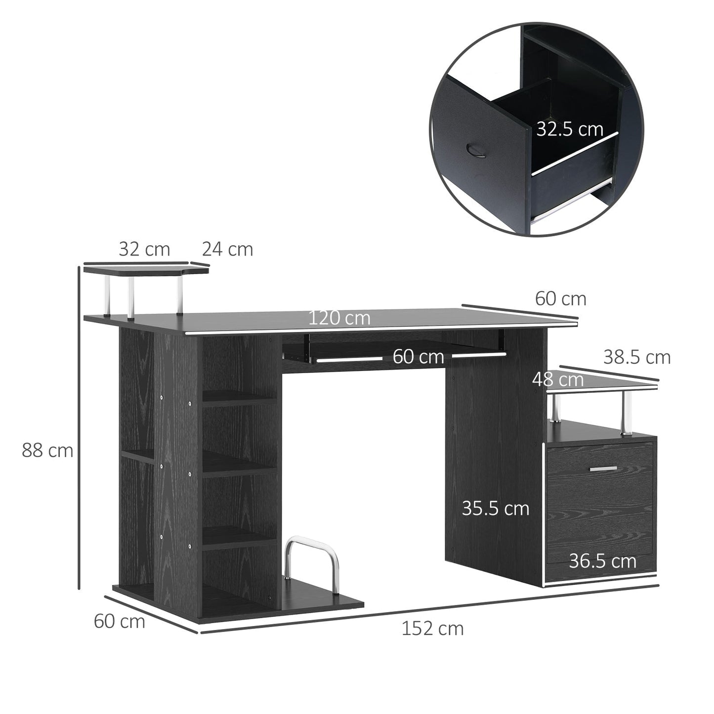 Desk for modern computer with drawers, shelves and removable keyboard, office desk for black wooden wood 152x60x88cm - Borgè