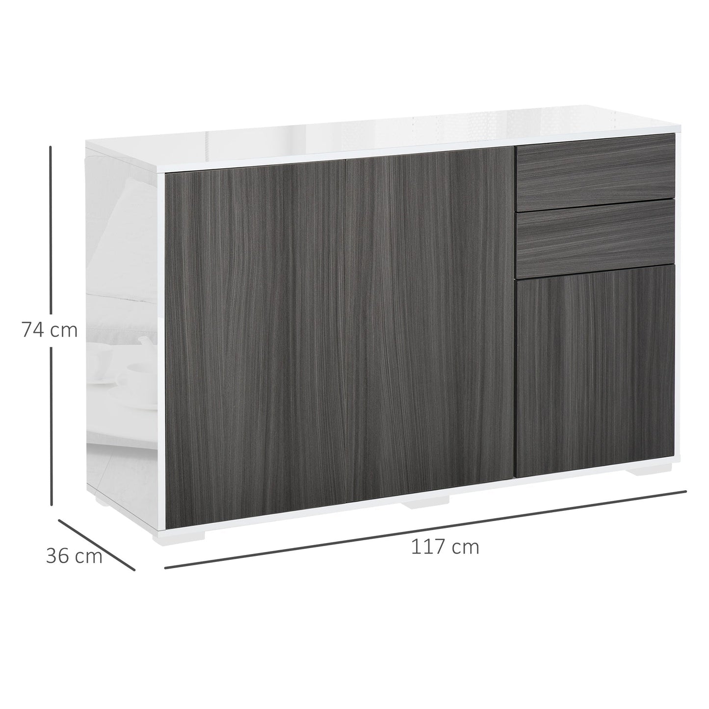 Multiuse wooden cabinet for living room, kitchen, office with pressure opening, 117x36x74cm - white/dark Grey - Borgè