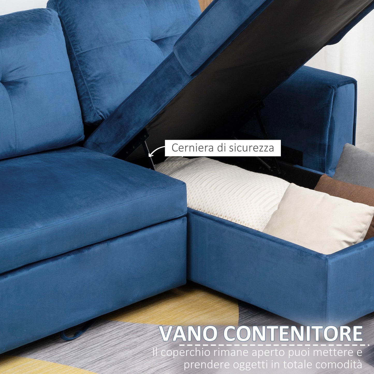 ALEA | 3 Seater Corner sofa bed with velvet effect coating, chaise longue with container, 232x141x85cm - blue - Borgè