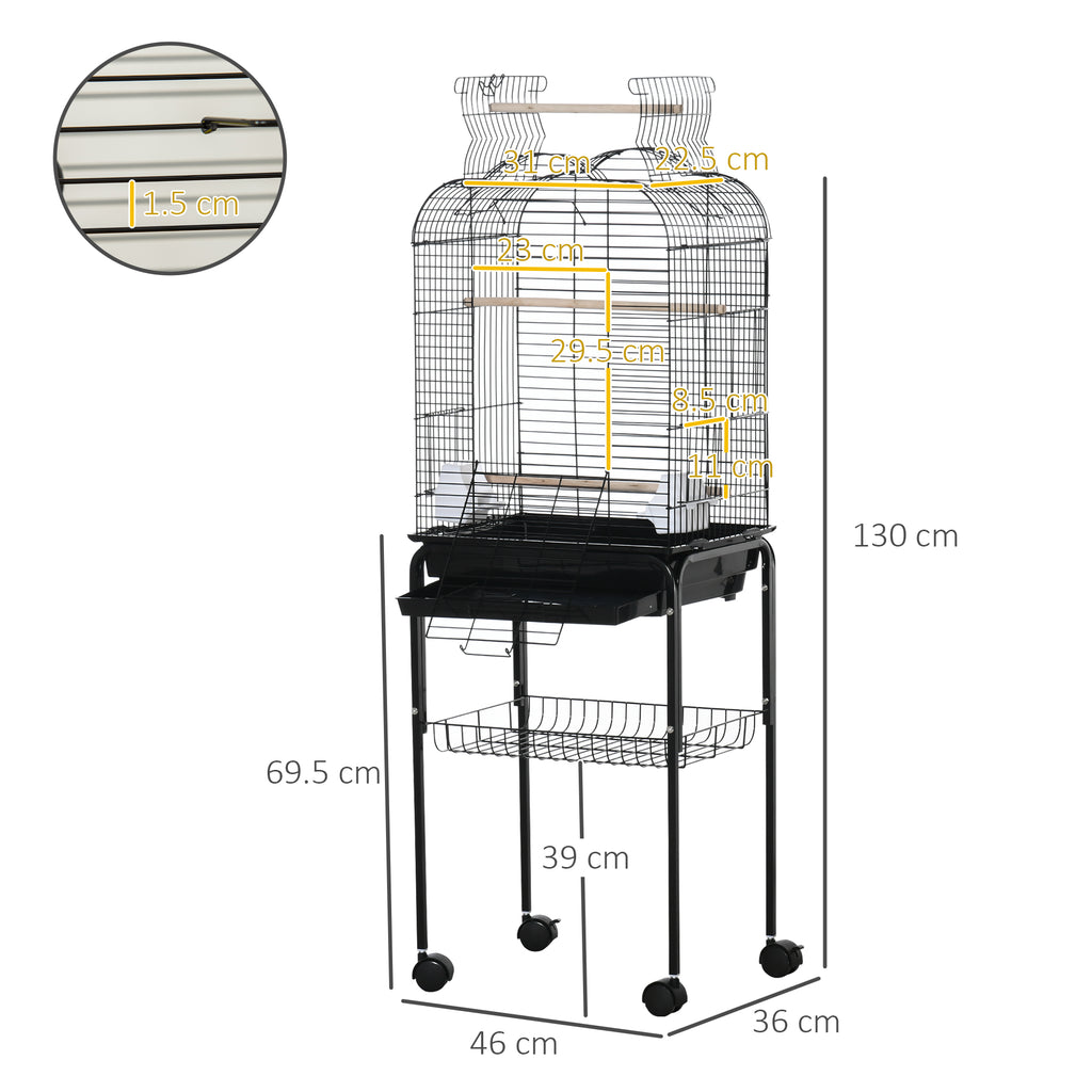 Pawhut bird cage with 3 posees, 2 bowls and 2 side doors, in steel, pp and wood, 46x36x130 cm, black - Borgè