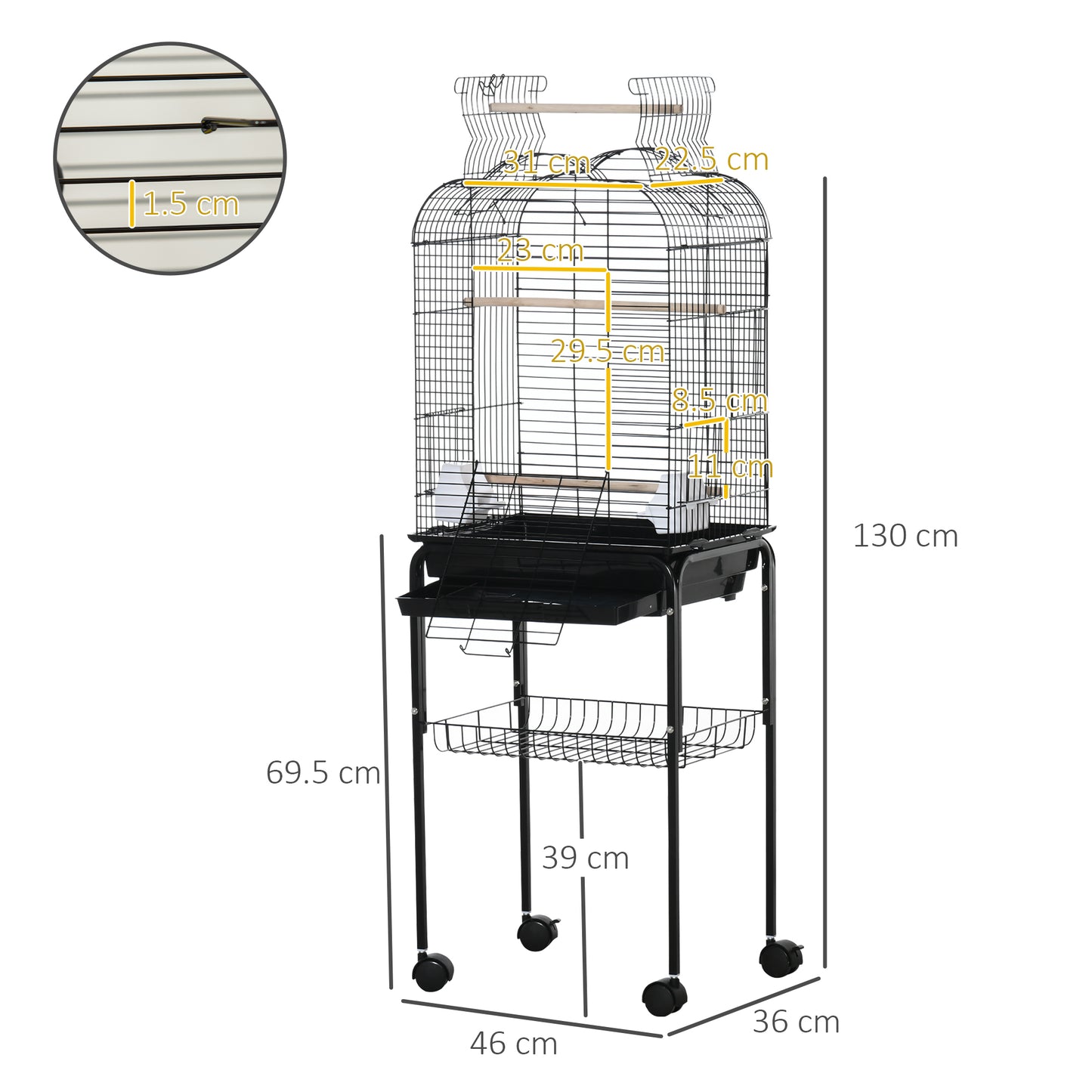 Pawhut bird cage with 3 posees, 2 bowls and 2 side doors, in steel, pp and wood, 46x36x130 cm, black - Borgè