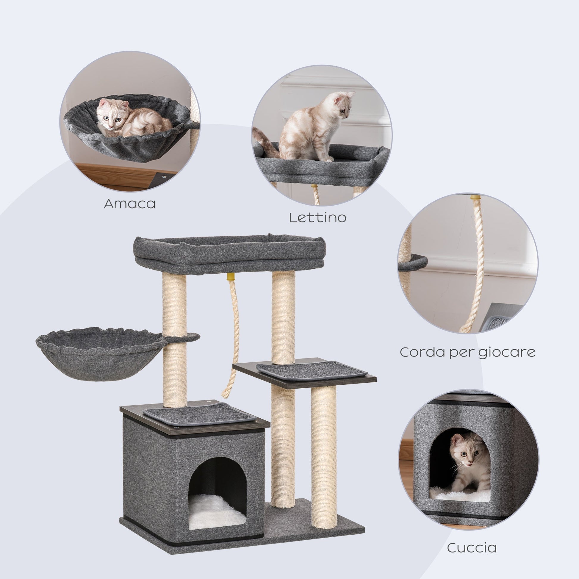 Cat Tree for cats with Scratch Pole with bed, hammock, house and poles in Sisal, 60x40x83cm, Grey - Borgè