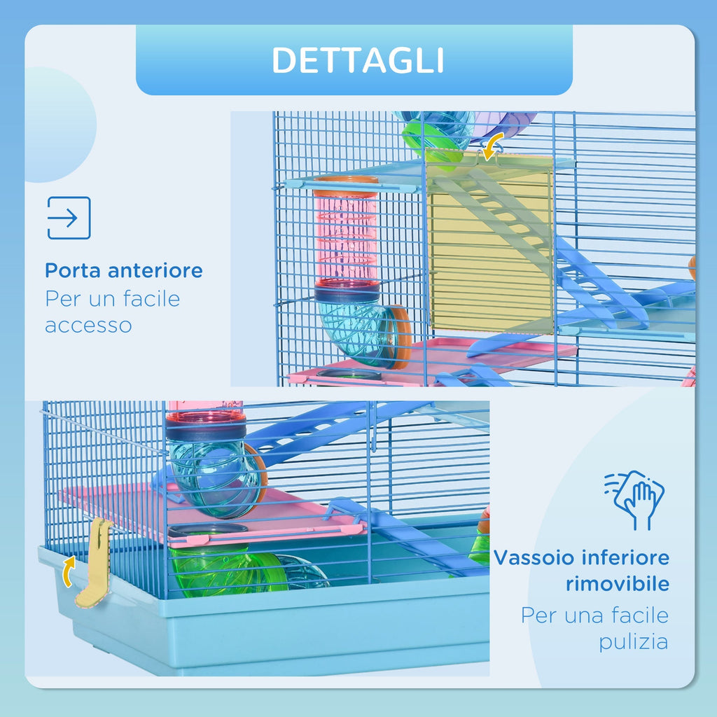 Pawhut for hamsters and 5 -storey rodents with colored pipes, wheel, small house and accessories included, blue, 47x30x59cm - Borgè