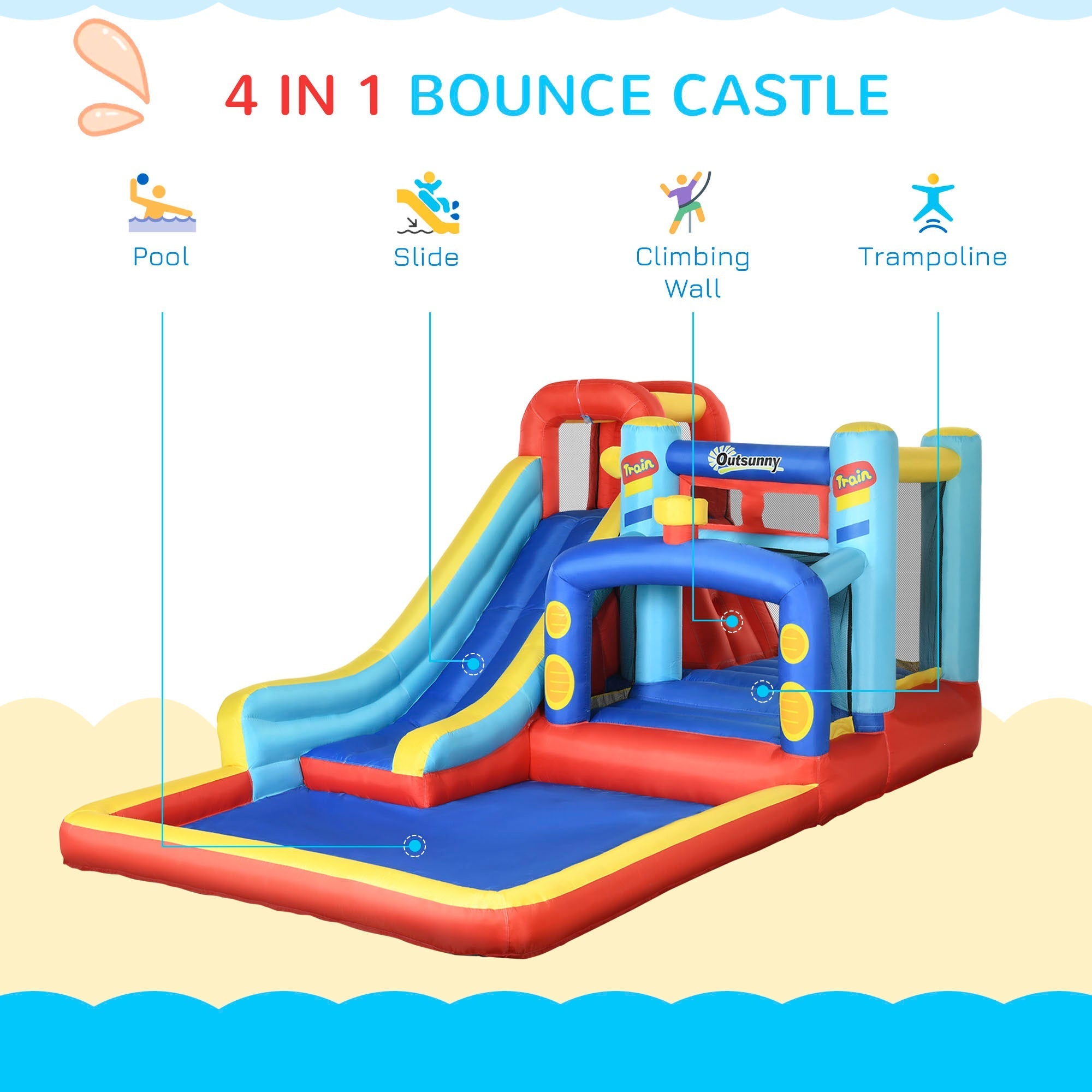 Inflatable Castle for Children 3-8 Years with Trampoline, Slide and Pool, 435x245x200cm - Borge' Group Limited