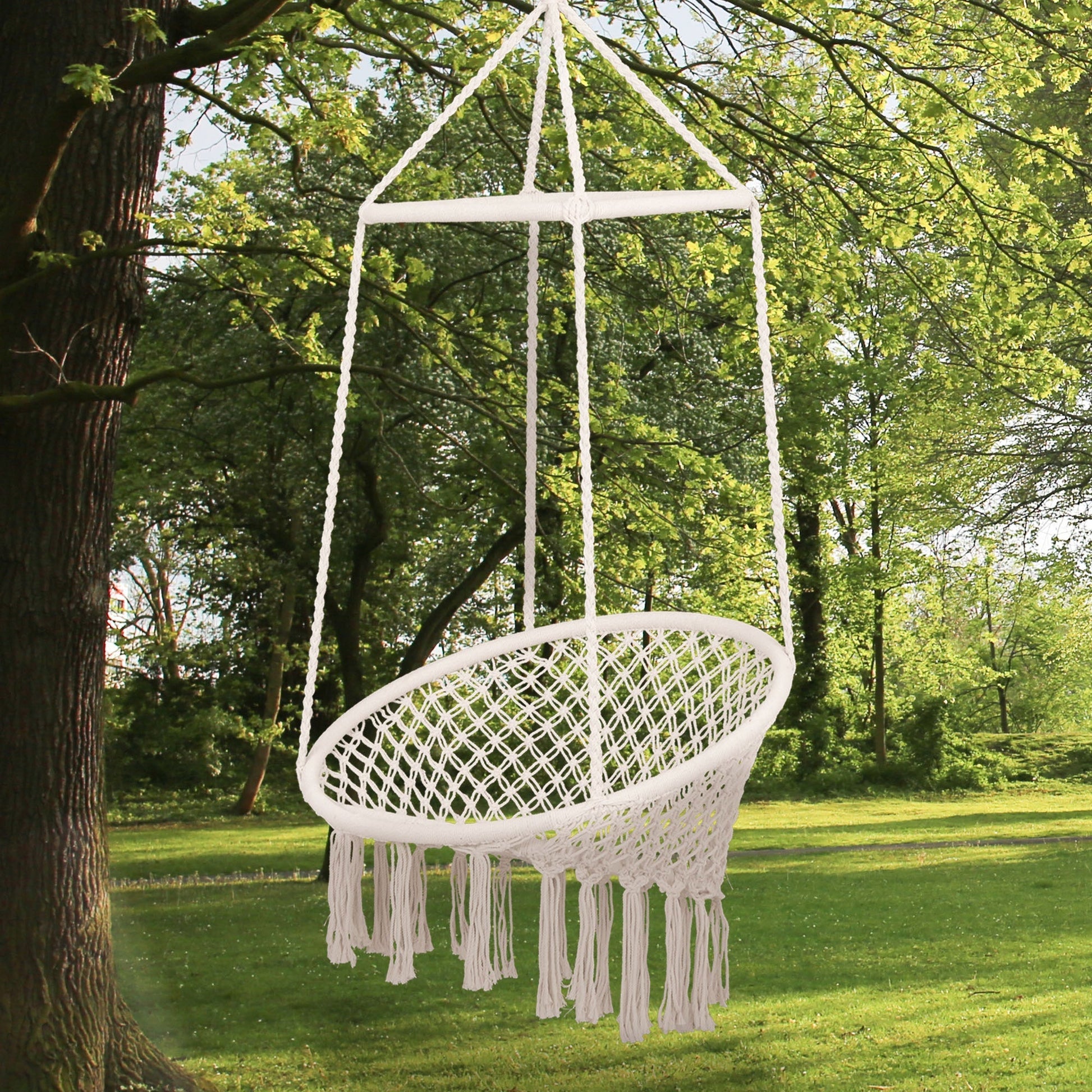 Outsunny Amaca chair suspended with wooden swing and cotton rope, beige, 80 x 140 cm - Borgè