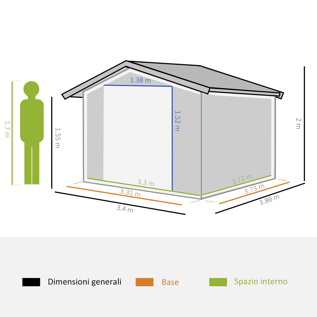 Garden Shed with 2 Sliding Doors and 4 Air Vents in Steel, 340x386x200cm, Green - Borge' Group Limited