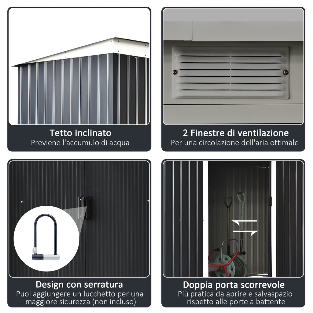 Garden Shed Tool Shed in Steel Sheet with Sliding Doors, 280x130x172cm, Grey-Black - Borge' Group Limited