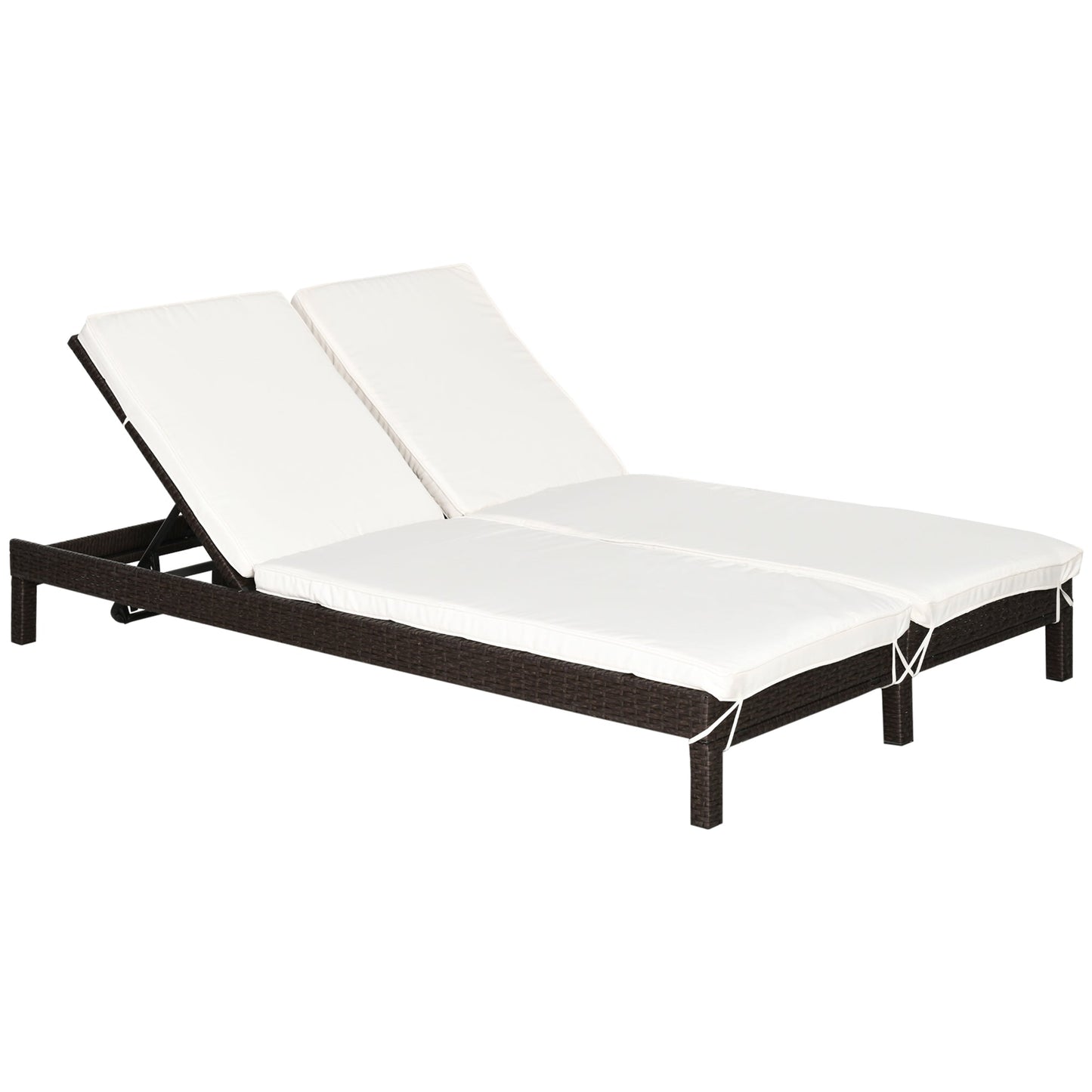 2 Seater Sun Lounger, Steel and Rattan Deckchair, Adjustable Backrest, 196 x 120 x 28cm Brown and Cream White - Borgè