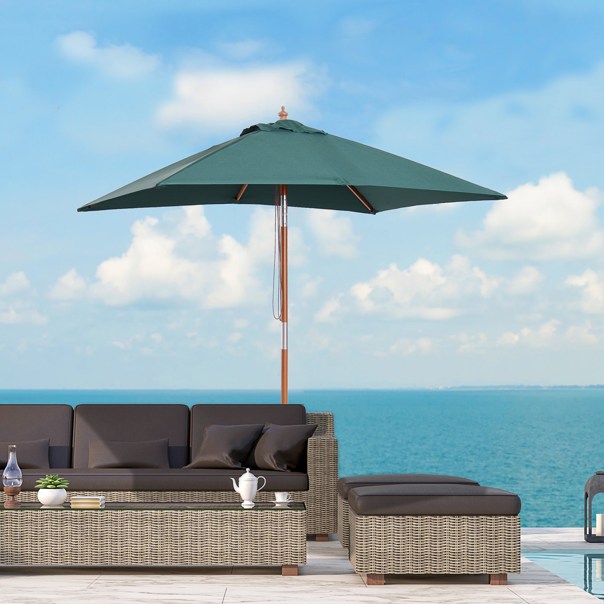 Tilting Garden Umbrella 2x1.5m with 6 Ribs, Wooden Pole and Rope Opening, Green - Borge' Group Limited