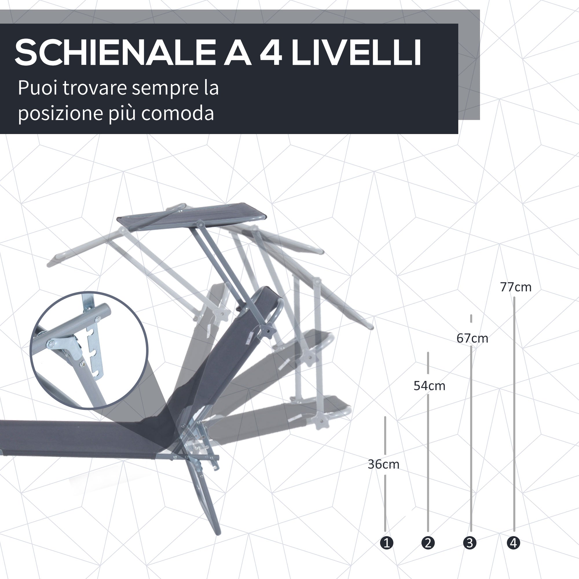 Garden Sun Lounger, Folding and Adjustable Deck Chair with Grey Fabric Canopy, 187x58x36cm - Borge' Group Limited