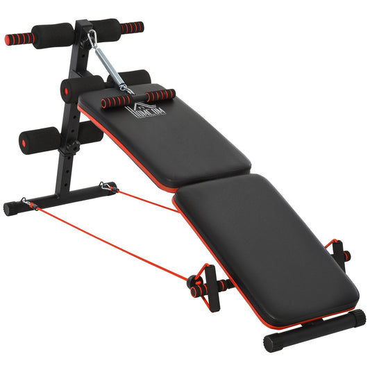 bench for folding and adjustable abdominals to train at home, multifunction gym bench with spring votes and 2 elastic ropes, in steel and black and red padding 51x137x50-66cm - Borgè