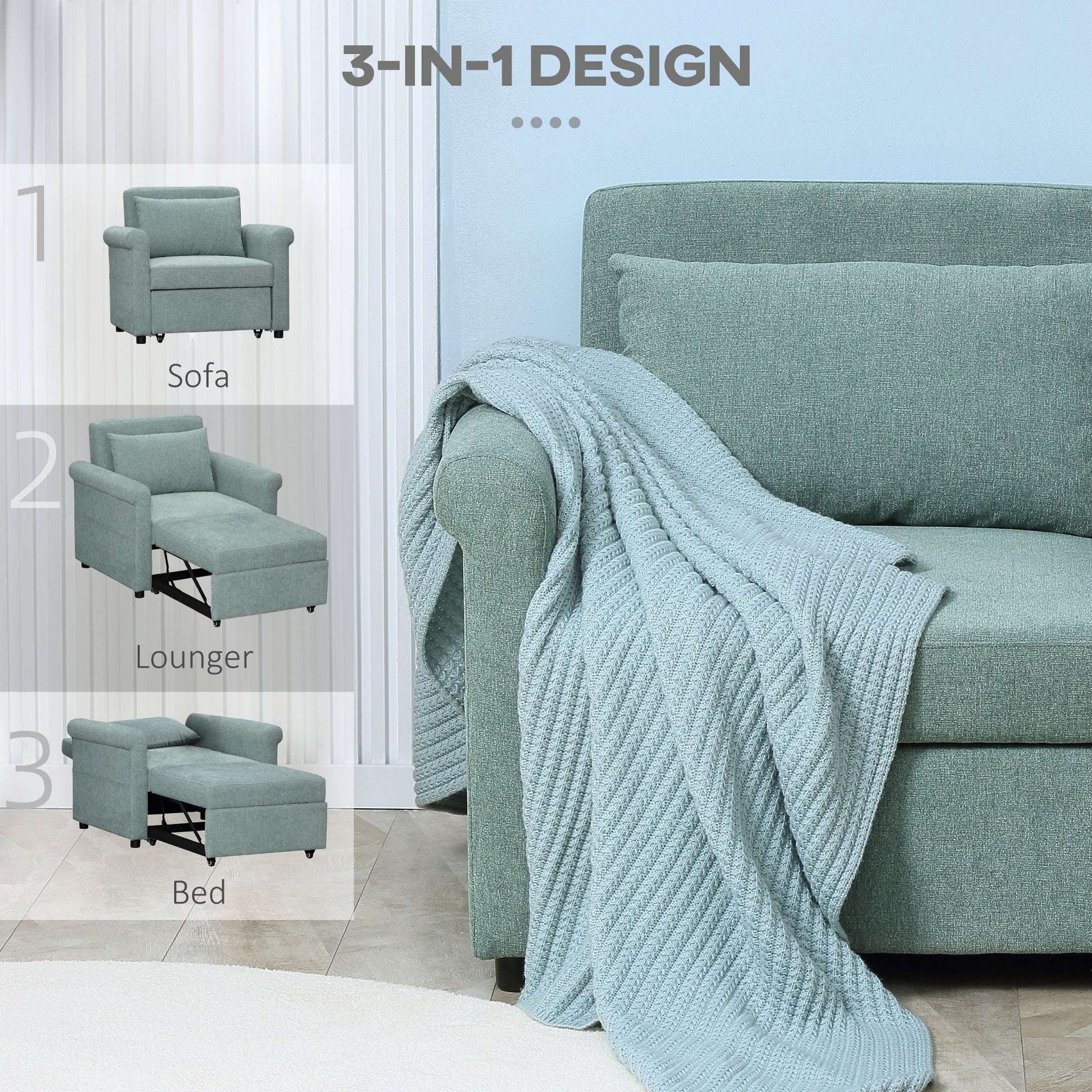 Homcom Single Bed Armchair With Towards Adjustable in 4 positions and padded seat, 96x84.5x87.5 cm, green - Borgè