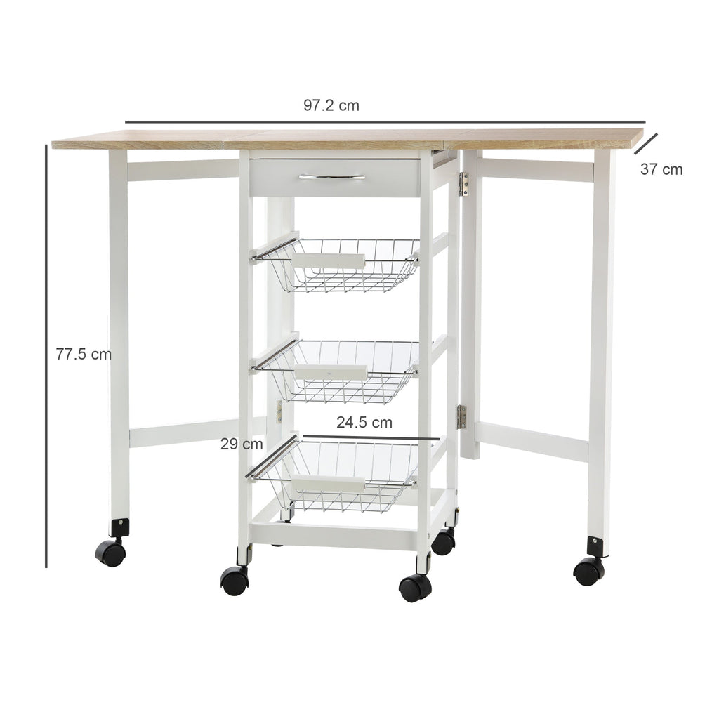 kitchen trolley with 3 baskets, drawer and flaps, 6 swivel wheels, in MDF and metal, 37x37x77.5cm, white and wood - Borgè