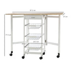 kitchen trolley with 3 baskets, drawer and flaps, 6 swivel wheels, in MDF and metal, 37x37x77.5cm, white and wood - Borgè