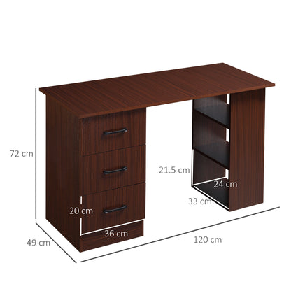 Office desk with 3 drawers and 3 wooden shelves, 120x49x72cm, walnut - Borgè