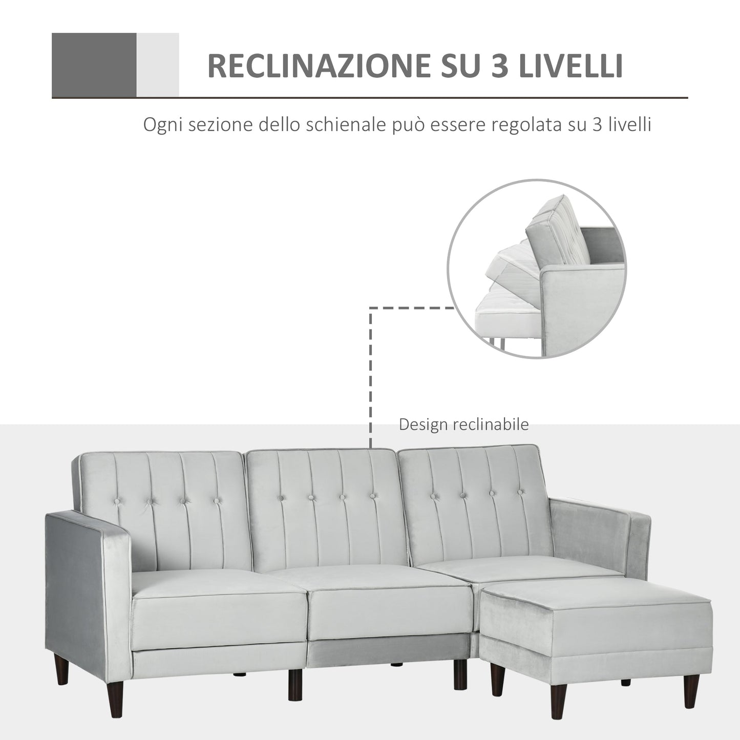 sofa bed 3 seats with footrest and reclining back, velvet coating and padded seat, 218x85x86 cm, light Grey - Borgè