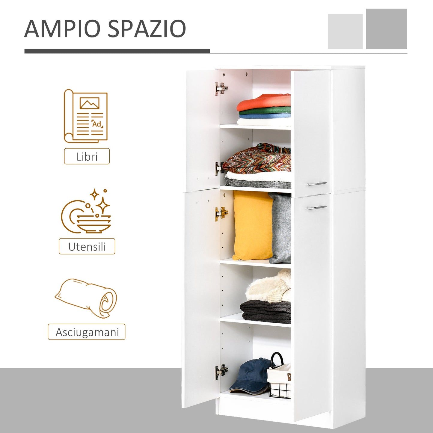 Multipurpose Pantry Cabinet with 2 Cabinets and Adjustable Shelves, MDF, 59x31x155cm, White - Borgè