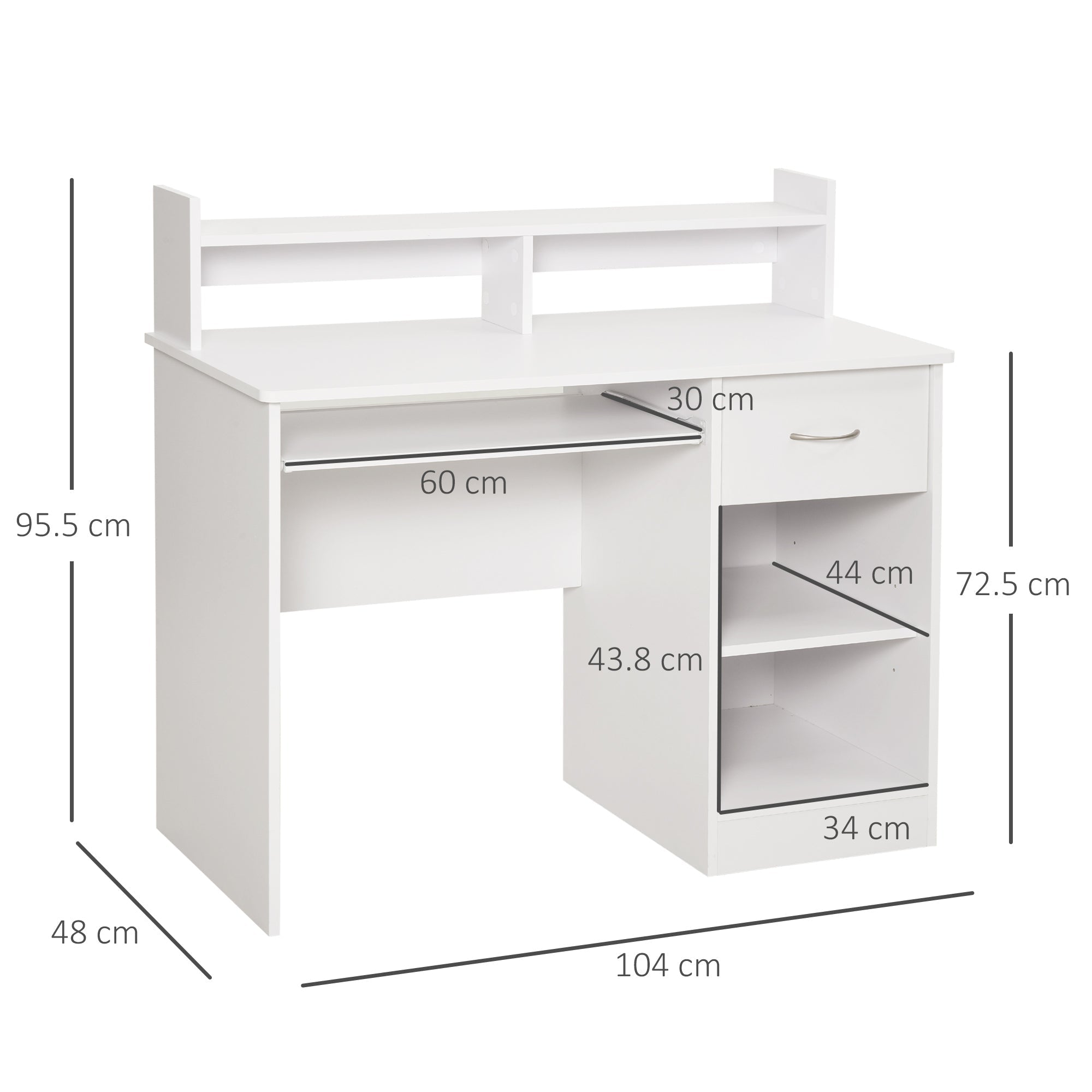 compact desk for white wooden computers with removable keyboard shelf and shelves 104 x 48 x 95.5cm - Borgè