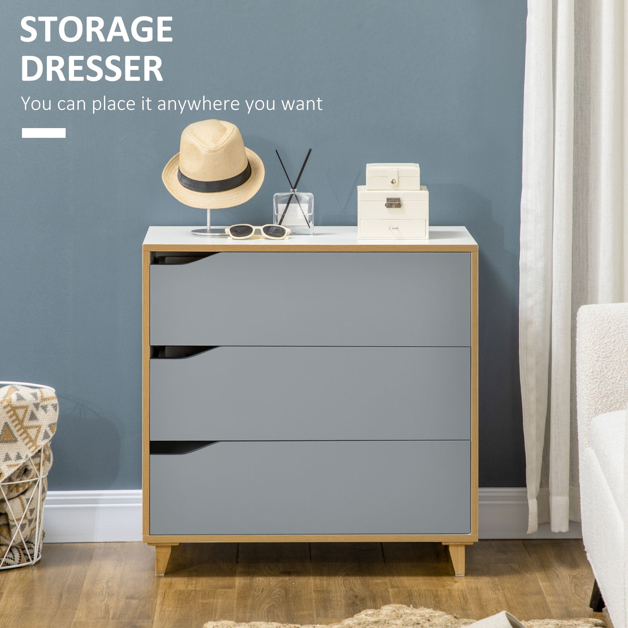 chest of drawers 3 drawers in chipboard and MDF for bedroom and living room, 75x42x75 cm, Grey white and brown - Borgè