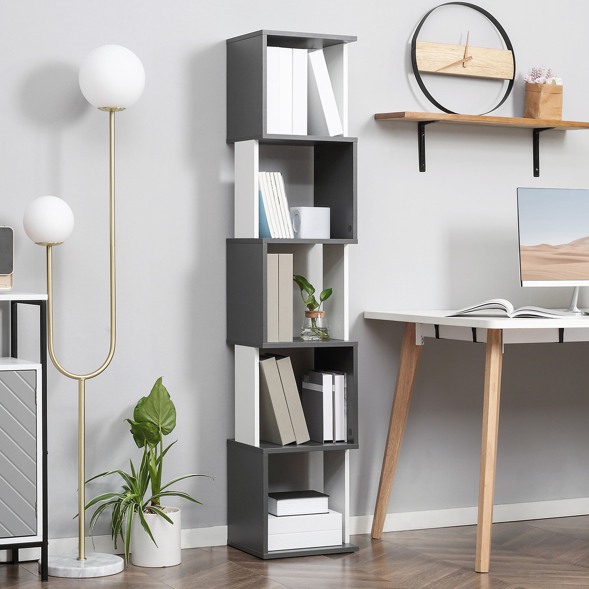 Homonda Modern Library Book Dediced 5 Wooden shelves, 33x28x161cm, Grey and White - Borgè