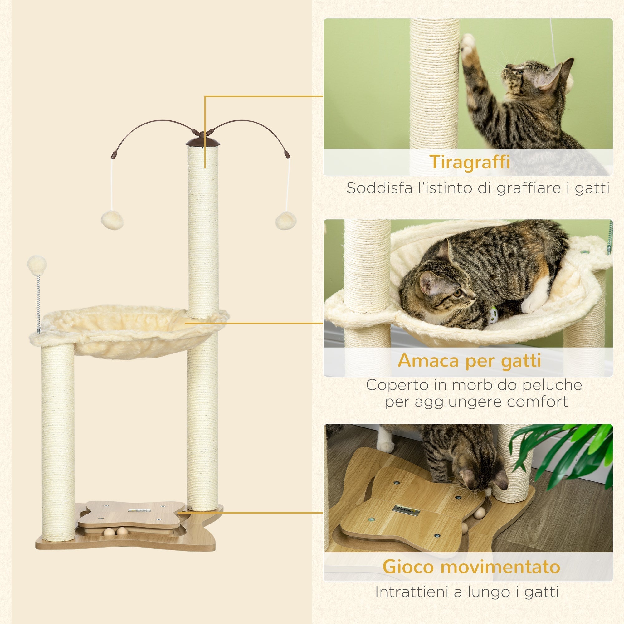 Cat Tree Scratching Post for Cats max 5kg with Hammock, Play Balls and Sisal Posts, 53.5x53. 5x90 cm, Beige - Borge' Group Limited