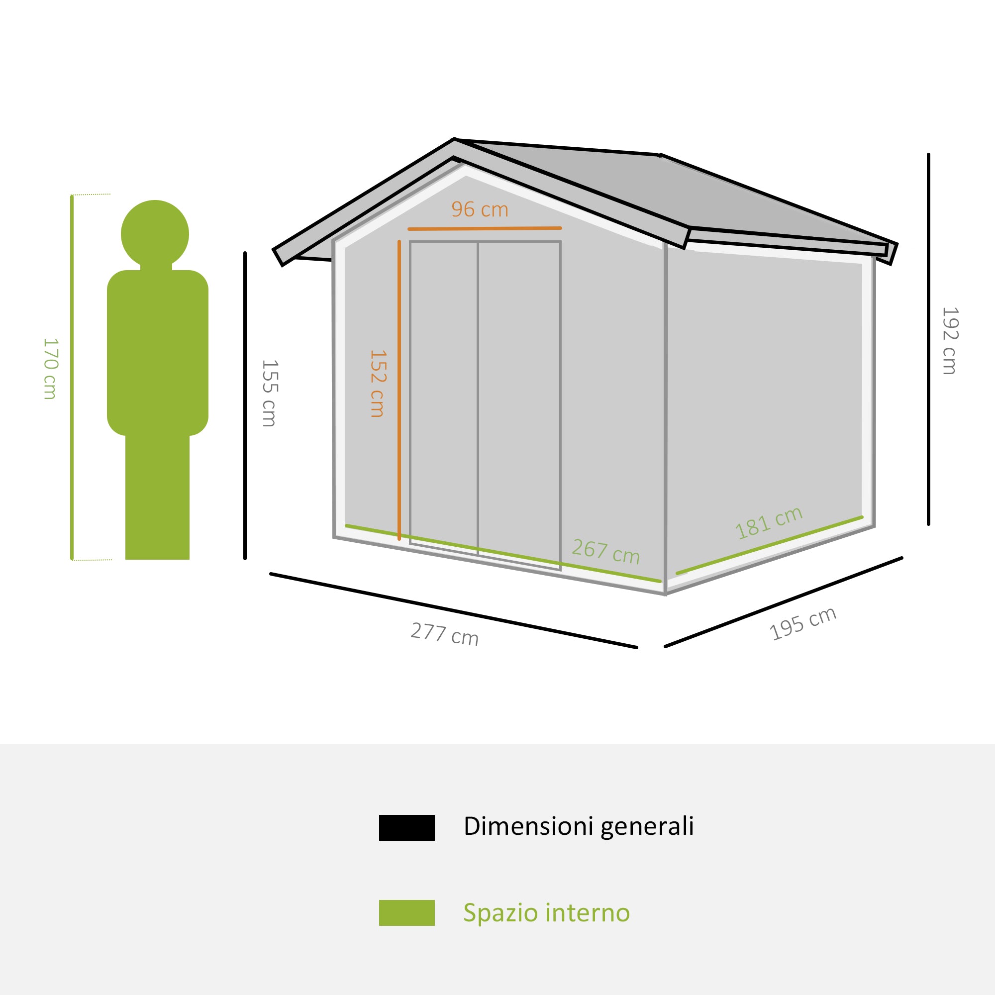 Garden Shed with Base and Double Sliding Doors, Steel Garden Shed, 277x195x192 cm, Dark Green - Borge' Group Limited