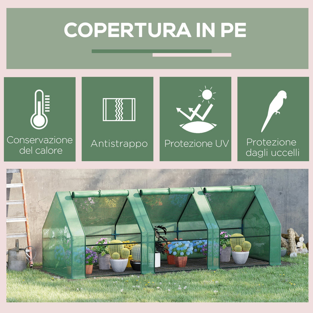 Outsunny PE Tunnel Garden Greenhouse for Plants and Flowers with Extended Edges and Hinged Doors, 270x90x90 cm, Dark Green - Borgè