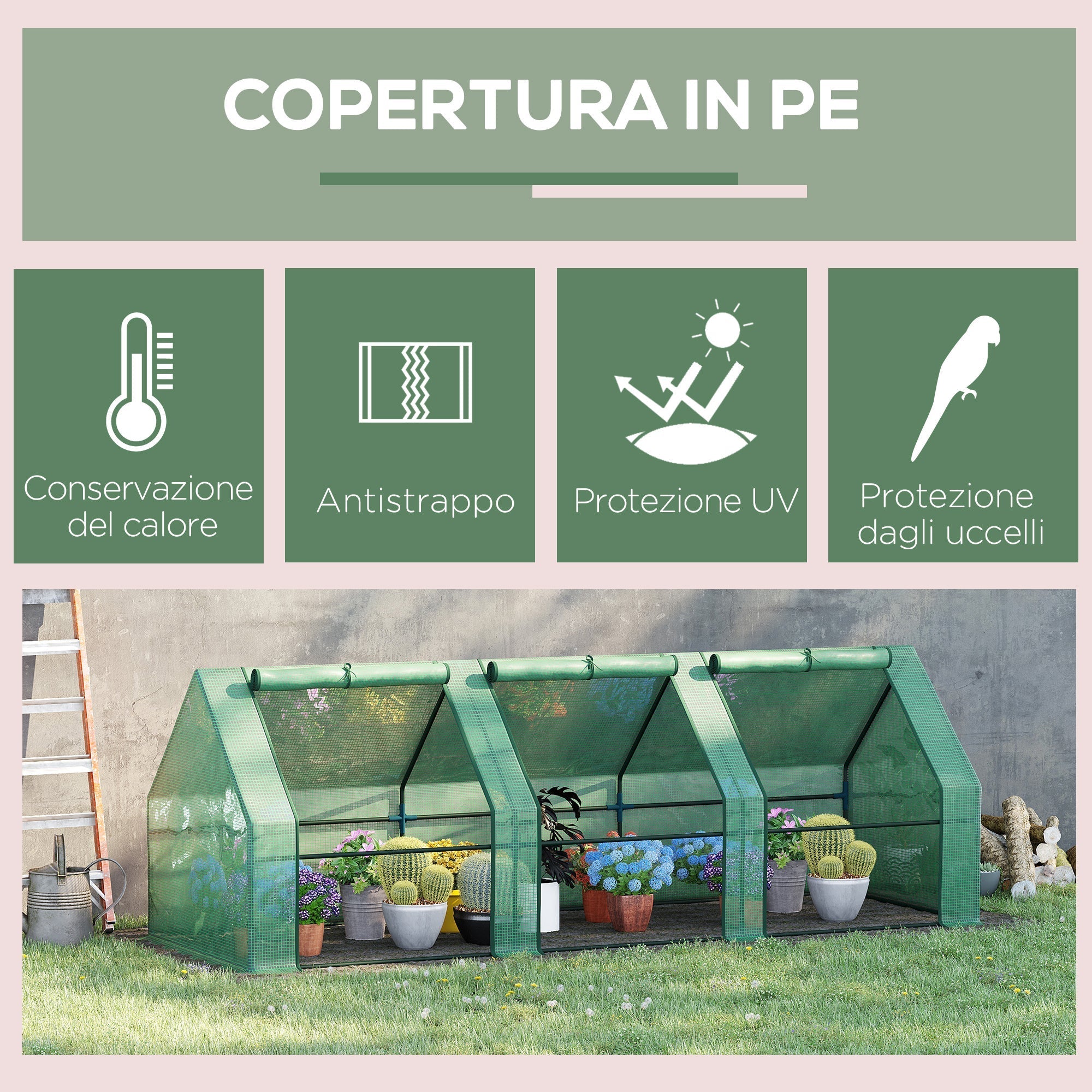 Outsunny PE Tunnel Garden Greenhouse for Plants and Flowers with Extended Edges and Hinged Doors, 270x90x90 cm, Dark Green - Borgè