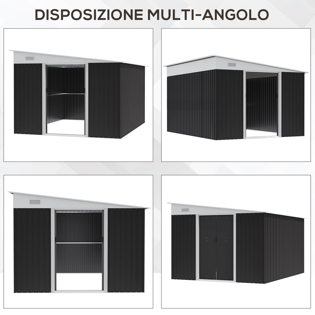 Garden Storage Shed with Sliding Door, Steel, 345x280.5x169-201cm, Black - Borge' Group Limited
