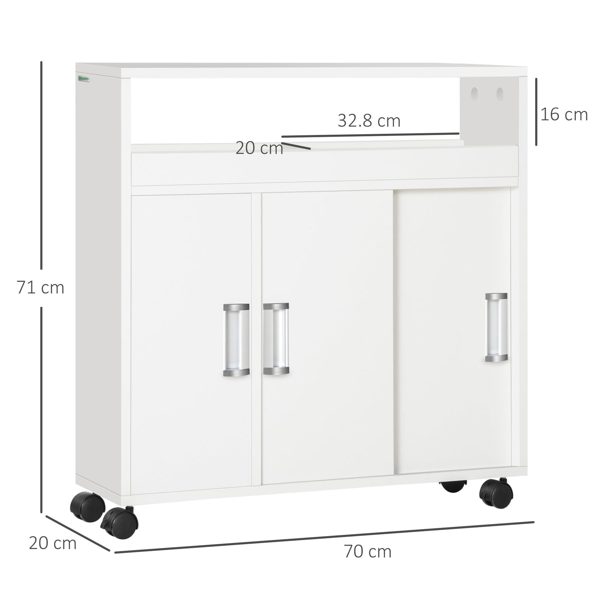 Kleankin bathroom cabinet with sliding doors, adjustable shelf and 4 wheels in chipboard and aluminum alloy, 70x20x71cm, white - Borgè