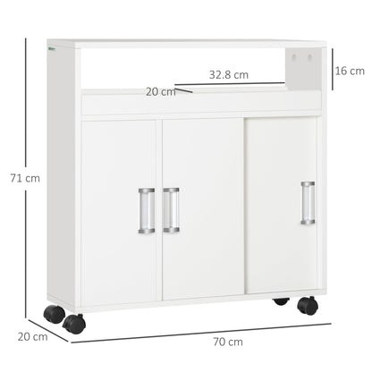 Kleankin bathroom cabinet with sliding doors, adjustable shelf and 4 wheels in chipboard and aluminum alloy, 70x20x71cm, white - Borgè