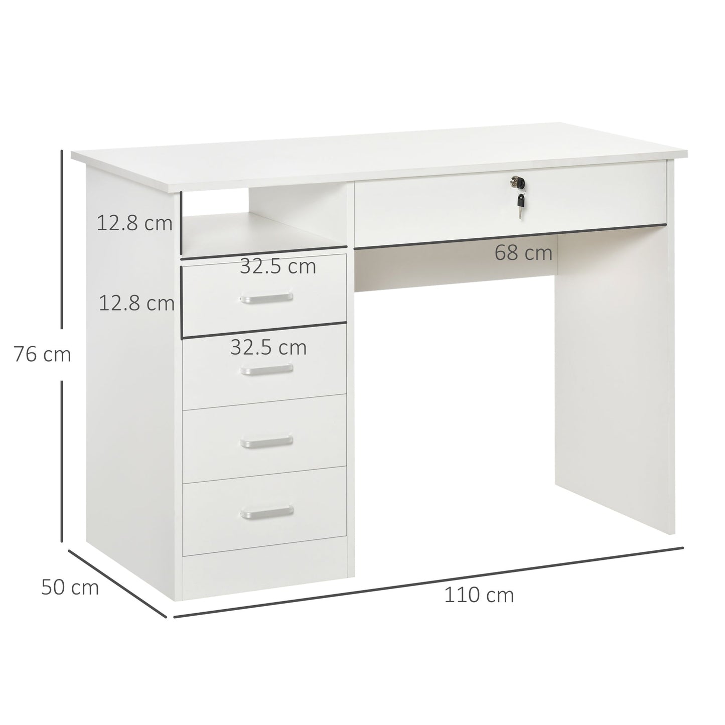 desk for room or wooden office with 2 drawers and 2 keys, 110x50x76cm - white - Borgè