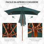 Tilting Garden Umbrella 2x1.5m with 6 Ribs, Wooden Pole and Rope Opening, Green - Borge' Group Limited